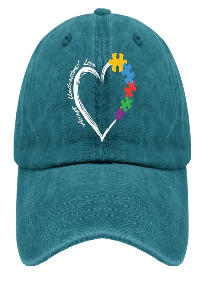 ODCRAT Autism Awareness Heart Dad Hat Accept Understand Love Autism Awareness Dad Hats, Vintage Dad Hats for Women Cyan Blue - Image 1
